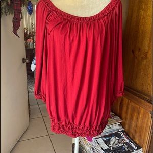 Max Studio  Red Gathered Ruffle Neck Waist Top L